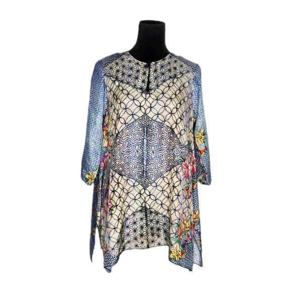 Johnny Was Tops - Johnny Was 100% Silk Geometric Floral Print Tunic Size Small Boho Ethnic Resort
